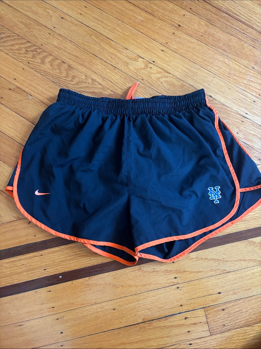 Nike Black Athletic Shorts with Orange Trim and NY Mets Logo